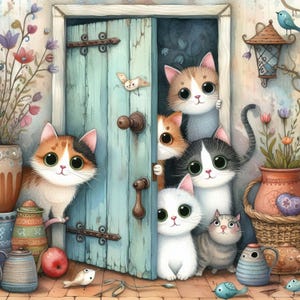 Peeking Cats 10 High Res Watercolor JPGs Junk Journaling, Scrapbooking, Card Making, Digital Download, Fantasy, Whimsical, Quirky