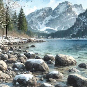 Mountain Lake con Rocky Shore Clip Art Kit 10 JPG de acuarela de alta resolución para diario basura, álbum de recortes, manualidades, descarga digital