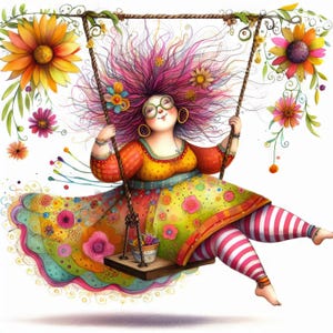Dame aux courbes originales sur une balançoire 10 haute résolution aquarelle JPG Journalisation indésirable, fabrication de cartes, kit de téléchargement numérique, fantastique, fantaisiste