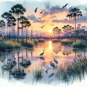 Everglades de Floride Clip Art 10 fichiers JPG aquarelle haute résolution pour journal indésirable, scrapbooking, fabrication de cartes, Kit de téléchargement numérique