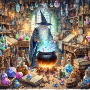 May include: A wizard in a blue and black robe with a pointed hat is stirring a cauldron with a wooden spoon. The cauldron is filled with a blue liquid and glowing orbs. The wizard is surrounded by bottles, jars, and other magical items.