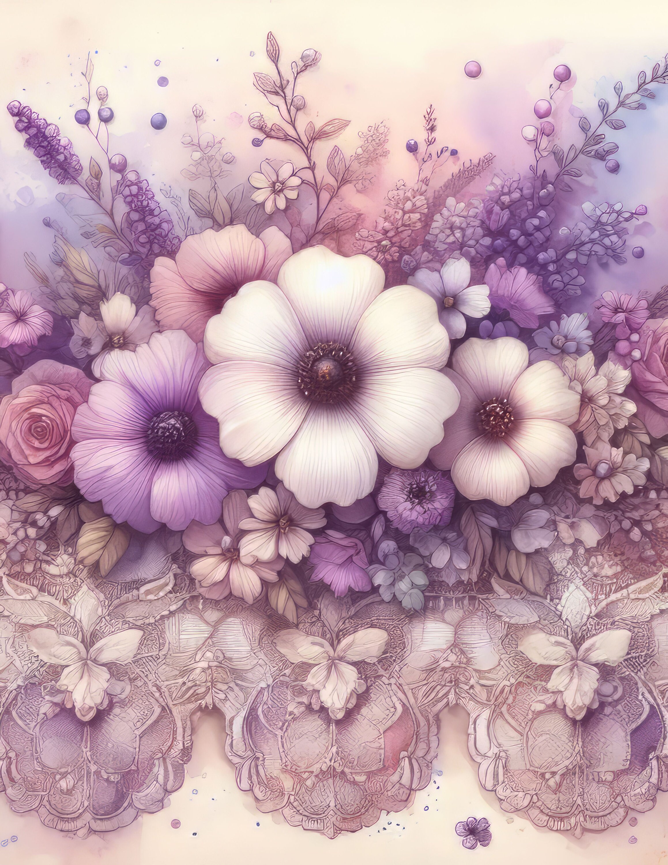 ラベンダーの花とレース：クリップアート、高解像度水彩画JPG10枚