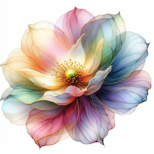 Puede incluir: Una flor delicada de múltiples colores con pétalos translúcidos. La flor está representada en tonos de rosa, azul, verde y amarillo, con un centro dorado.