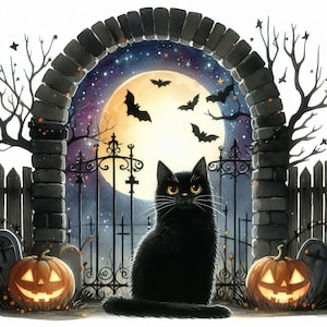 Clipart chat noir d'Halloween 10 fichiers JPG aquarelle haute résolution pour la journalisation indésirable, le scrapbooking, la fabrication de cartes, le kit de téléchargement numérique