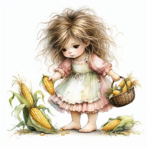May include: A young girl with long brown hair wearing a pink dress and a white apron is holding a basket of corn on the cob. She is standing in a field of corn.
