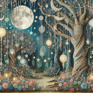 Può includere: Un'illustrazione stravagante di una scena di foresta illuminata dalla luna. L'opera presenta una grande luna piena luminosa, alberi ornati e luci decorative sospese. Stelle ed elementi floreali contribuiscono all'atmosfera magica, con un sentiero.