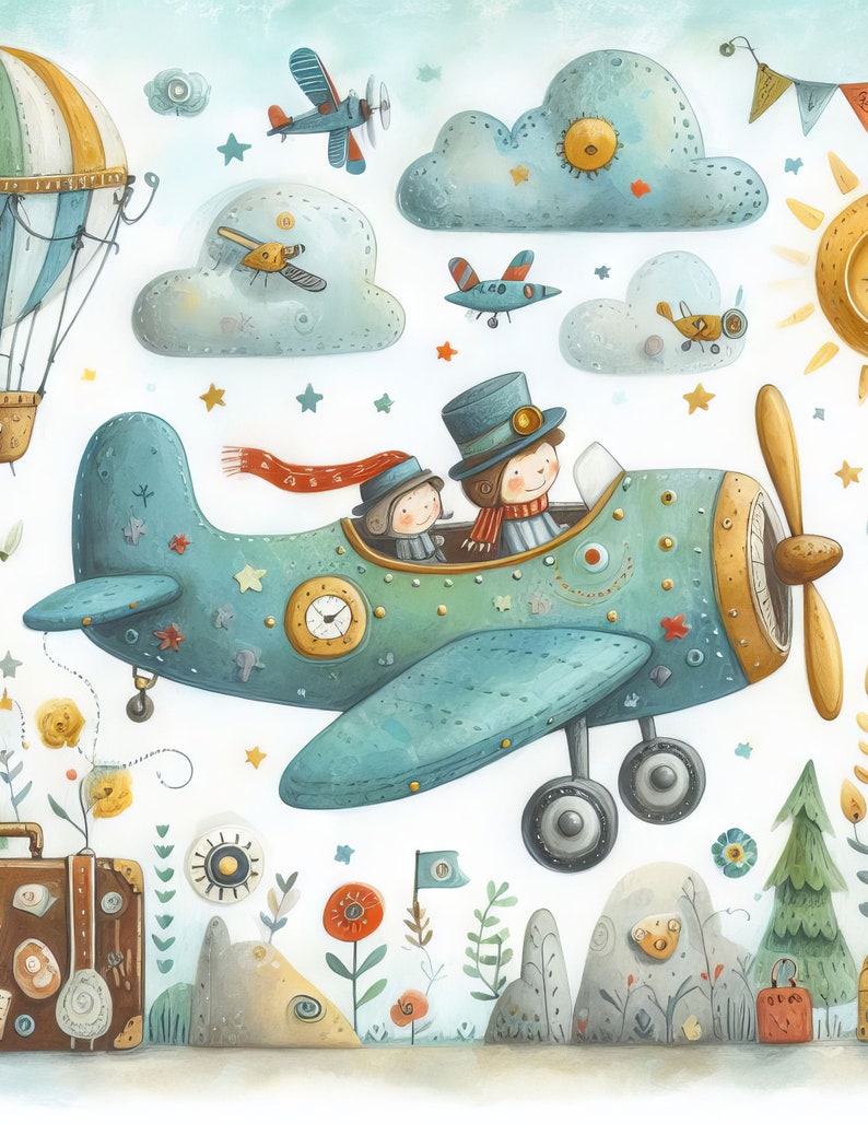 May include: A blue airplane with a clock on the side flies through the air with two passengers. The airplane has a red, white, and blue scarf hanging from the side. The airplane is flying over a green field with flowers and a suitcase.