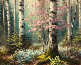 May include: A painting of a forest scene with birch trees and pink flowers. The trees are tall and slender, with white bark and green leaves. The flowers are in bloom and add a splash of color to the scene.