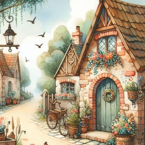 Skurriles Dorf Clip Art Bundle 10 hochauflösende JPGs in Aquarell Farben für Junk Journaling, Scrapbook, Bastelarbeiten, digitaler Download, Fantasy