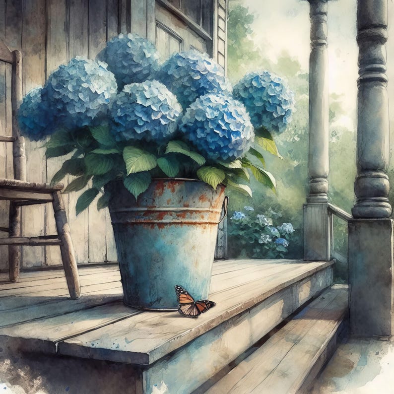Hydrangeas in Blue Bucket 10 High Res Watercolor Jpgs for Junk ...