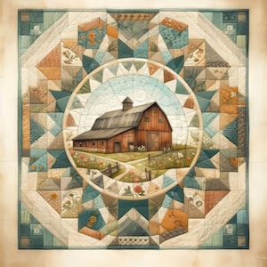 May include: A red barn with white trim sits in the centre of a quilt-like pattern of brown, blue, and white squares. The barn is surrounded by a field of green grass and flowers.