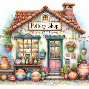 May include: A charming, colorful pottery shop with a sign that reads "Pottery Shop". The shop has a window display filled with various pottery items, including bowls, vases, and plates. There are also potted plants and flowers outside the shop.