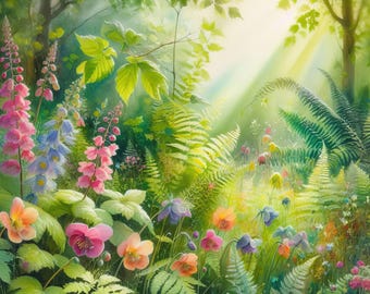 Woodland Flowers and Ferns:  10 High Res Watercolor JPGs for Junk Journaling, Scrapbook, Crafts, Digital Art, Fantasy, Whimsical