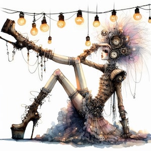 May include: A watercolour illustration of a woman with a steampunk aesthetic. She is wearing a brown and gold dress with a large, intricate clockwork headpiece. She is sitting with one leg raised, wearing a high-heeled boot. The background is a white canvas with a string of light bulbs.