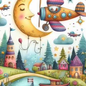 May include: A whimsical illustration of a crescent moon with a smiling face, carrying a yellow airplane with pink and blue stripes. The airplane has a small window with a squirrel inside. The scene is set in a fairytale village with colorful houses, trees, and a lake. Stars and confetti are scattered throughout the image.