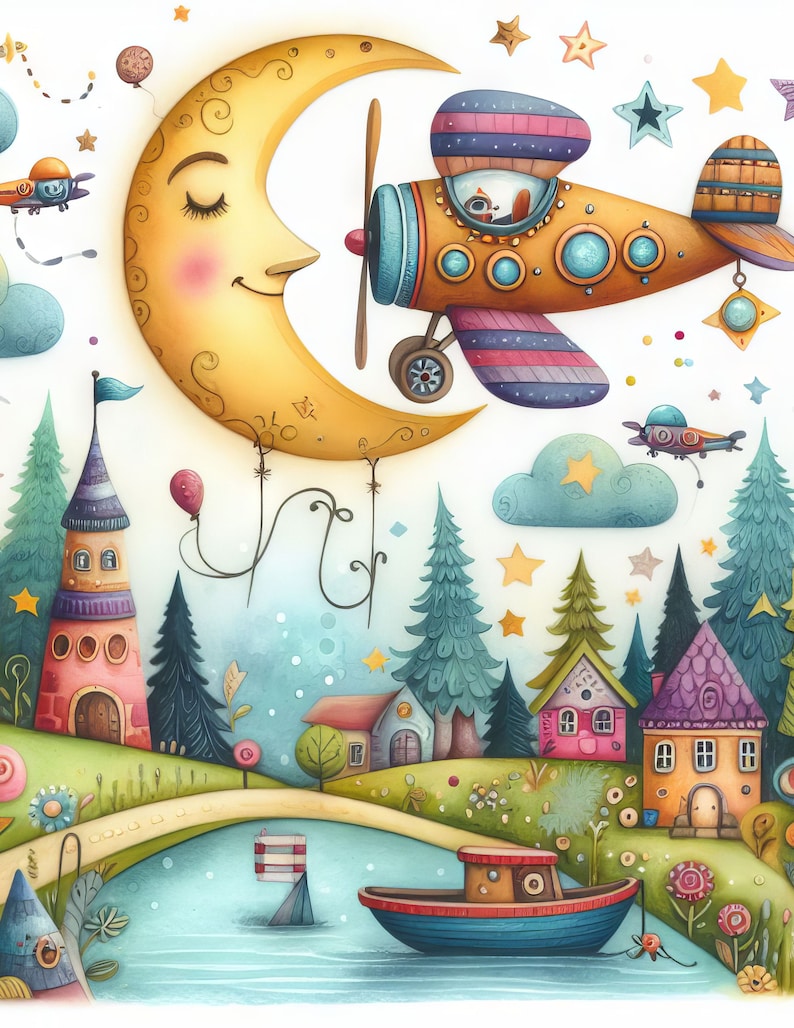 May include: A whimsical illustration of a crescent moon with a smiling face, carrying a yellow airplane with pink and blue stripes. The airplane has a small window with a squirrel inside. The scene is set in a fairytale village with colorful houses, trees, and a lake. Stars and confetti are scattered throughout the image.