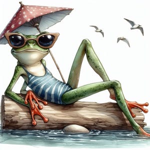 Sapo peculiar em um tronco: 10 JPGs em aquarela de alta resolução para diário, scrapbooking, criação de cartões, sites, download digital, fantasia, caprichoso
