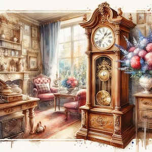 Vintage Grandfather Clock Clip Art Bundle 10 JPG de acuarela de alta resolución para diario basura, álbum de recortes, manualidades, descarga digital, fabricación de tarjetas