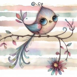 Pájaro peculiar en una rama: 10 archivos JPG de acuarela de alta resolución para diarios basura, álbumes de recortes, creación de tarjetas, descarga digital, fantasía y capricho.