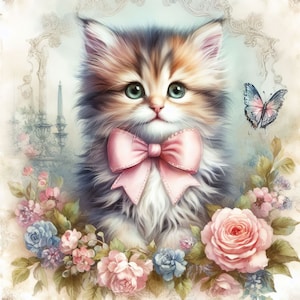Lot de 10 images clipart chaton avec noeud rose aquarelle haute résolution pour publipostage, scrapbooking, fabrication de cartes, téléchargement numérique