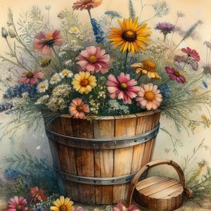 Könnte beinhalten: Ein Holzeimer gefüllt mit einer Vielzahl von bunten Wildblumen, darunter rosa, gelbe und violette Blüten. Der Eimer steht auf einem rustikalen Hintergrund mit verstreuten Blütenblättern.