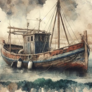 Old Boats: Clip Art, 10 High Res Watercolor JPGs, Junk Journaling, Scrapbook, Crafts, Digital Download, Digital Art, Vintage