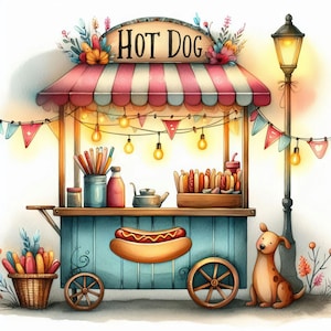 Hot Dog Stand Clip Art 10 High Res Watercolor JPGs Junk Journaling, Scrapbooking, Card Making, Digital Camper Download, Fantasy, Whimsical