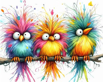 Quirky Birds on a Branch 10 High Res Watercolor JPGs Junk Journaling, Scrapbooking, Card Making, Digital Download, Quirky Bird, Whimsical
