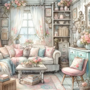 Shabby chique woonkamer clip art bundel 10 high-res aquarel jpg's voor junk journaling, scrapbook, ambachten, digitale download