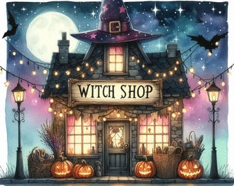 May include: Watercolor illustration of a witch shop at night. The shop has a sign that reads "Witch Shop" and is decorated with string lights, pumpkins, and a large witch hat. A full moon and bats are in the background.