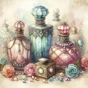 May include: A collection of ornate glass perfume bottles with intricate details and jeweled accents. The bottles are arranged on a table with a light brown background.
