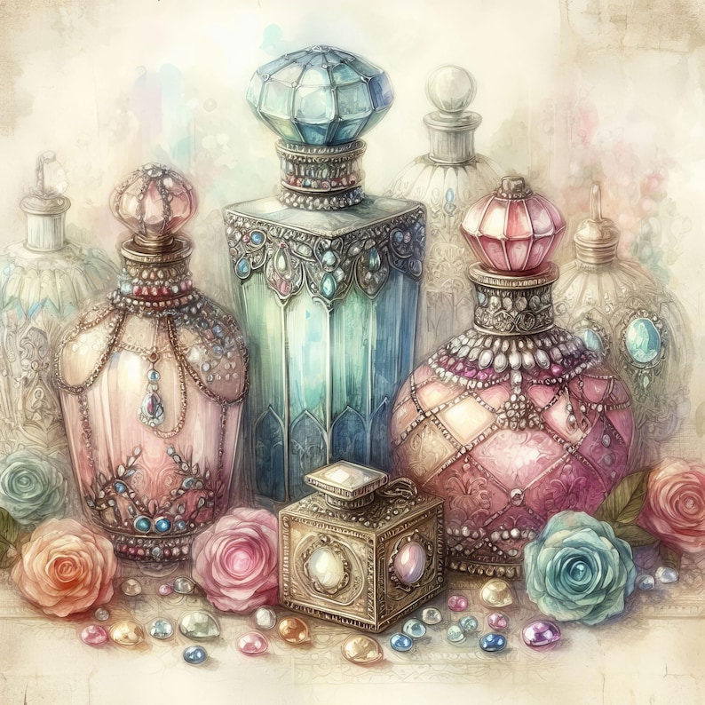 May include: A collection of ornate glass perfume bottles with intricate details and jeweled accents. The bottles are arranged on a table with a light brown background.
