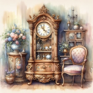 Pacchetto di clip art con orologio a pendolo vittoriano, 10 JPG ad alta risoluzione per acquerelli, diario, scrapbooking, artigianato, download digitale, carte fantasy