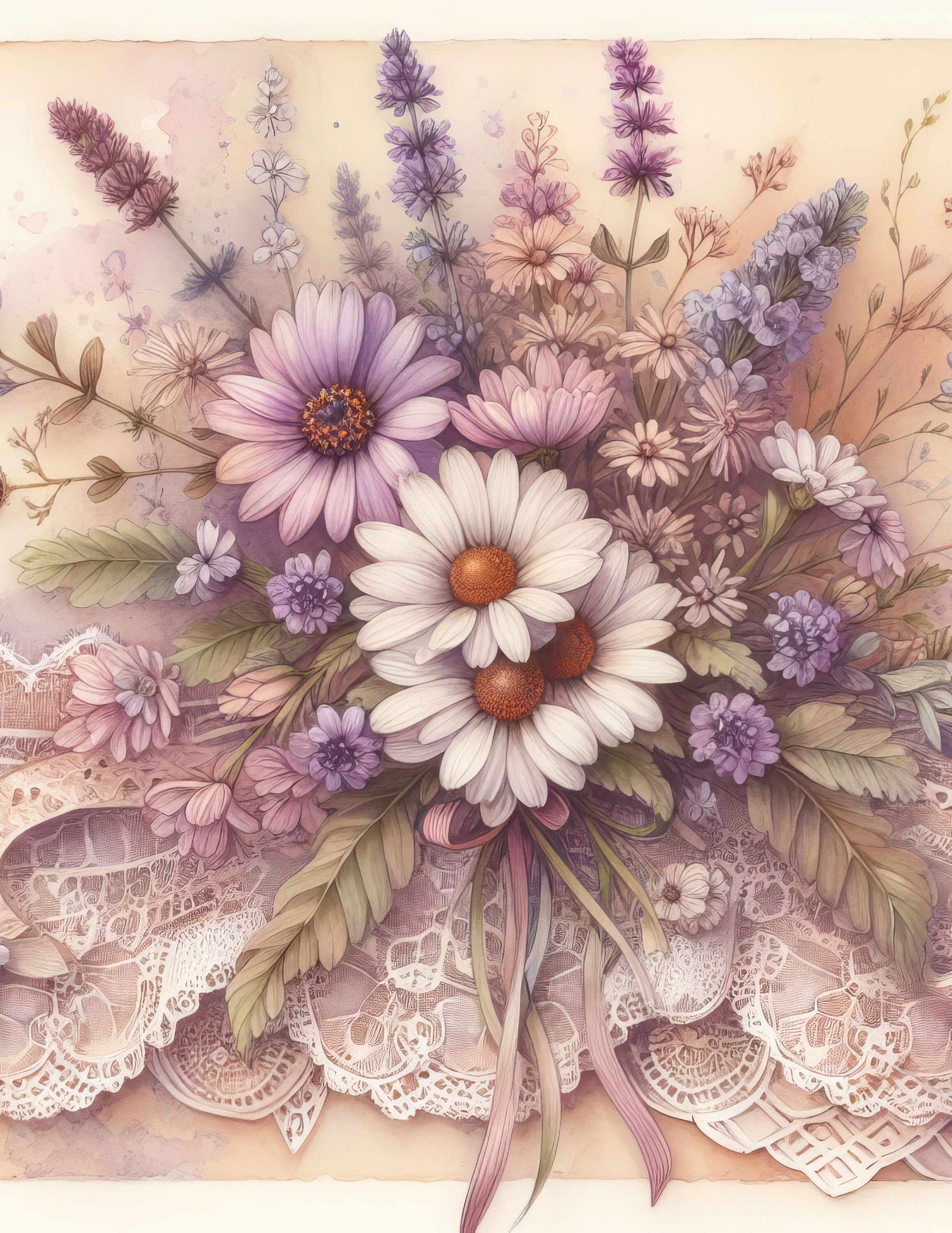 ラベンダーの花とレース：クリップアート、高解像度水彩画JPG10枚