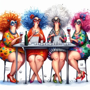 May include: An illustration depicts four women with vibrant, curly hair and glasses, seated around a table. They are playing a game with dice and cards, holding wine glasses. The women wear colorful dresses and shoes, creating a lively and whimsical scene.