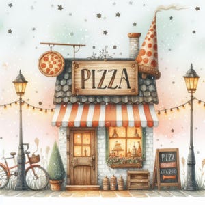 May include: A whimsical illustration of a small pizza shop with a red and white striped awning. The shop has a sign that says "PIZZA" and a festive party hat on top. There are two streetlights on either side of the shop and a bicycle parked in front.