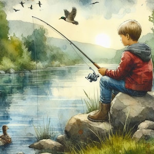 Puede incluir: Un ni&ntilde;o peque&ntilde;o est&aacute; sentado en una roca junto a un lago, sosteniendo una ca&ntilde;a de pescar. Un pato nada en el agua y un pato silvestre vuela por encima. La escena est&aacute; pintada en acuarela, con un ambiente suave y de ensue&ntilde;o.