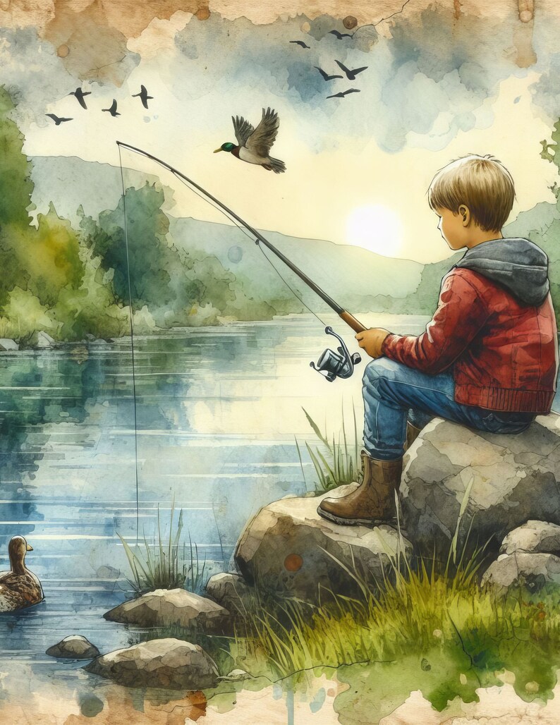 Puede incluir: Un ni&ntilde;o peque&ntilde;o est&aacute; sentado en una roca junto a un lago, sosteniendo una ca&ntilde;a de pescar. Un pato nada en el agua y un pato silvestre vuela por encima. La escena est&aacute; pintada en acuarela, con un ambiente suave y de ensue&ntilde;o.