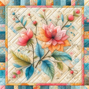 Flower Quilt #2 Clip Art Bundle 10 JPGs de aquarela de alta resolução para diário de lixo, álbum de recortes, artesanato, download digital, criação de cartões