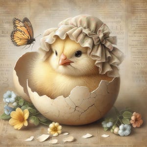 May include: A charming illustration of a fluffy yellow chick wearing a bonnet, emerging from a cracked eggshell. A butterfly with orange and black wings hovers nearby. The scene is adorned with delicate flowers in shades of yellow, blue, and pink, evoking a spring theme.