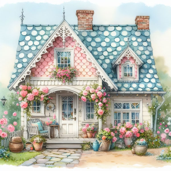Casita de lunares: 10 JPG de acuarela de alta resolución, ideal para diarios basura, álbumes de recortes, manualidades, arte digital, fantasía y estilo caprichoso.