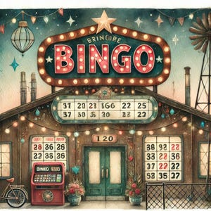 Bingo Hall 10 JPG ad alta risoluzione per acquerelli, diario spazzatura, scrapbooking, creazione di biglietti, kit di download digitale, fantasy, stravagante