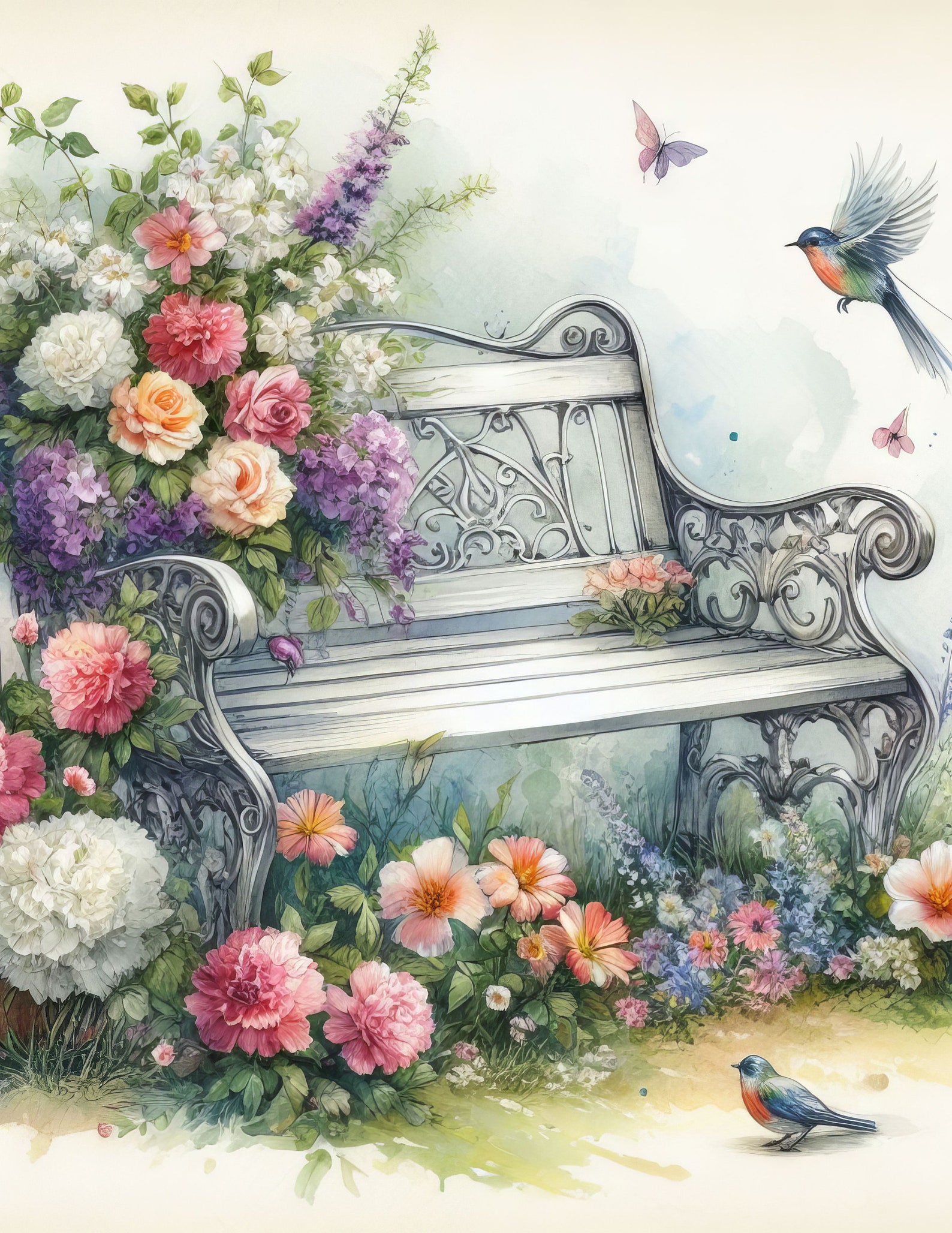 Garden Bench: 10 High Res Watercolor Jpgs, Junk Journaling, Scrapbook ...