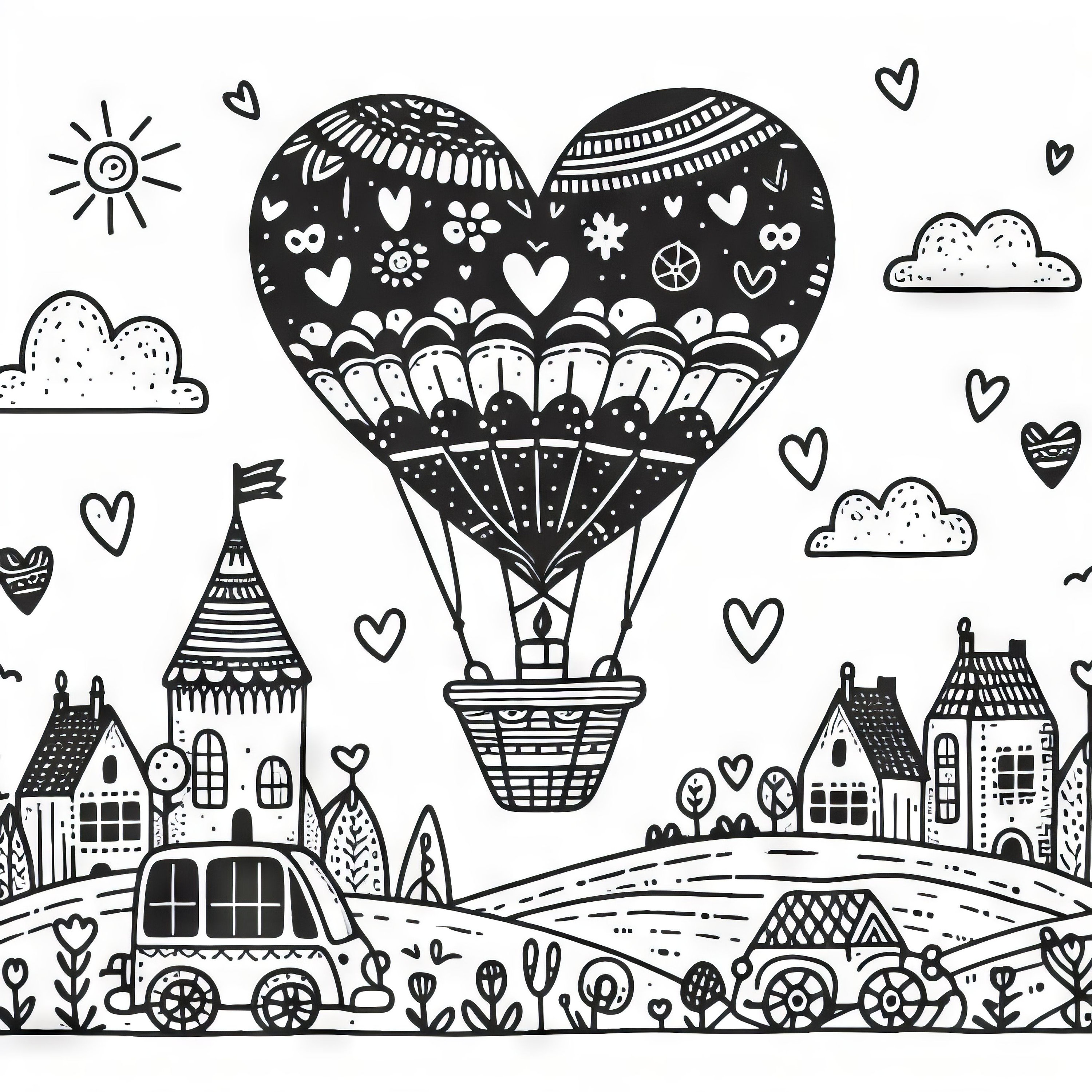Adult Coloring Pages Whimsical Heart Hot Air Balloons: Clip Art
