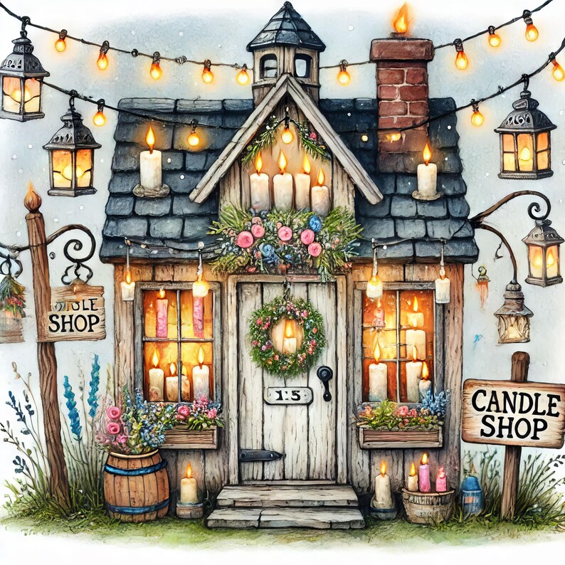 May include: A quaint, wooden candle shop with a sign that reads "Candle Shop". The shop is decorated with string lights, wreaths, and candles. There are flowers in pots outside the shop.