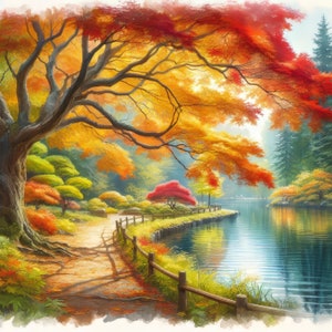 May include: A painting of a path leading through a forest with a lake in the background. The trees are in autumn colors, with red, orange, and yellow leaves. The path is lined with a wooden fence and there is a small bridge over the lake.