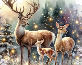 May include: A watercolor painting of three deer in a snowy forest setting. The deer are brown and white with large antlers. The background is a soft blue and white with snowflakes falling.