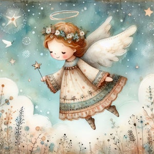 Clip Art di angelo stravagante 10 JPG ad alta risoluzione ad acquerello per il diario spazzatura, scrapbooking, creazione di biglietti, kit di download digitale, fantasy