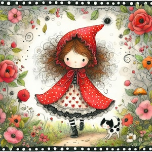 Rotkäppchen 10 hochauflösende JPGs in Aquarell Farben für Junk Journaling, Scrapbooking, Kartenherstellung, digitaler Download, Fantasy, wunderlich