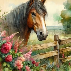 Pferd mit Zaun Clipart Bundle 10 hochauflösende JPGs mit Aquarellfarben für Junk Journaling, Scrapbook, Basteln, digitaler Download